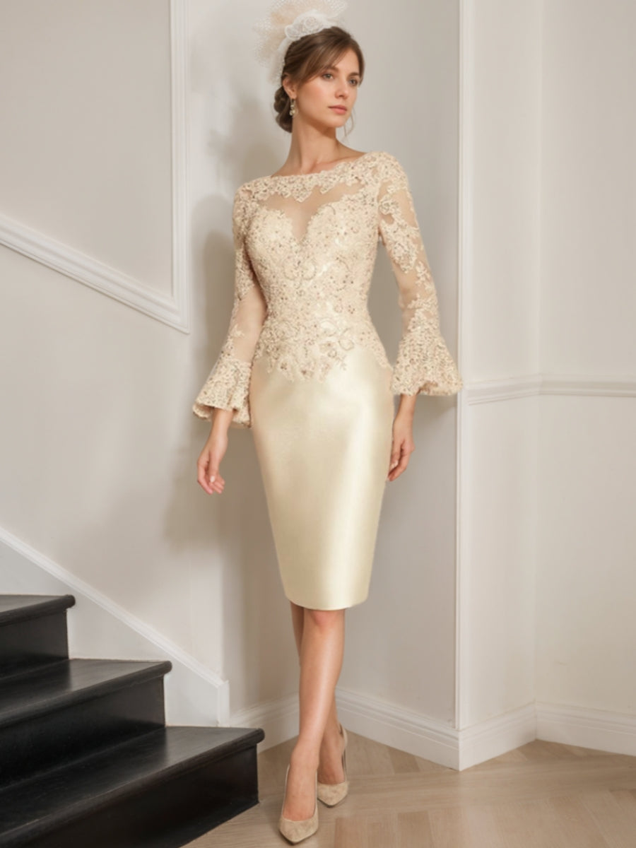 Sheath/Column Satin Scoop Mother of the Bride Dresses Lace Long Sleeves Knee-Length Cocktail Dresses