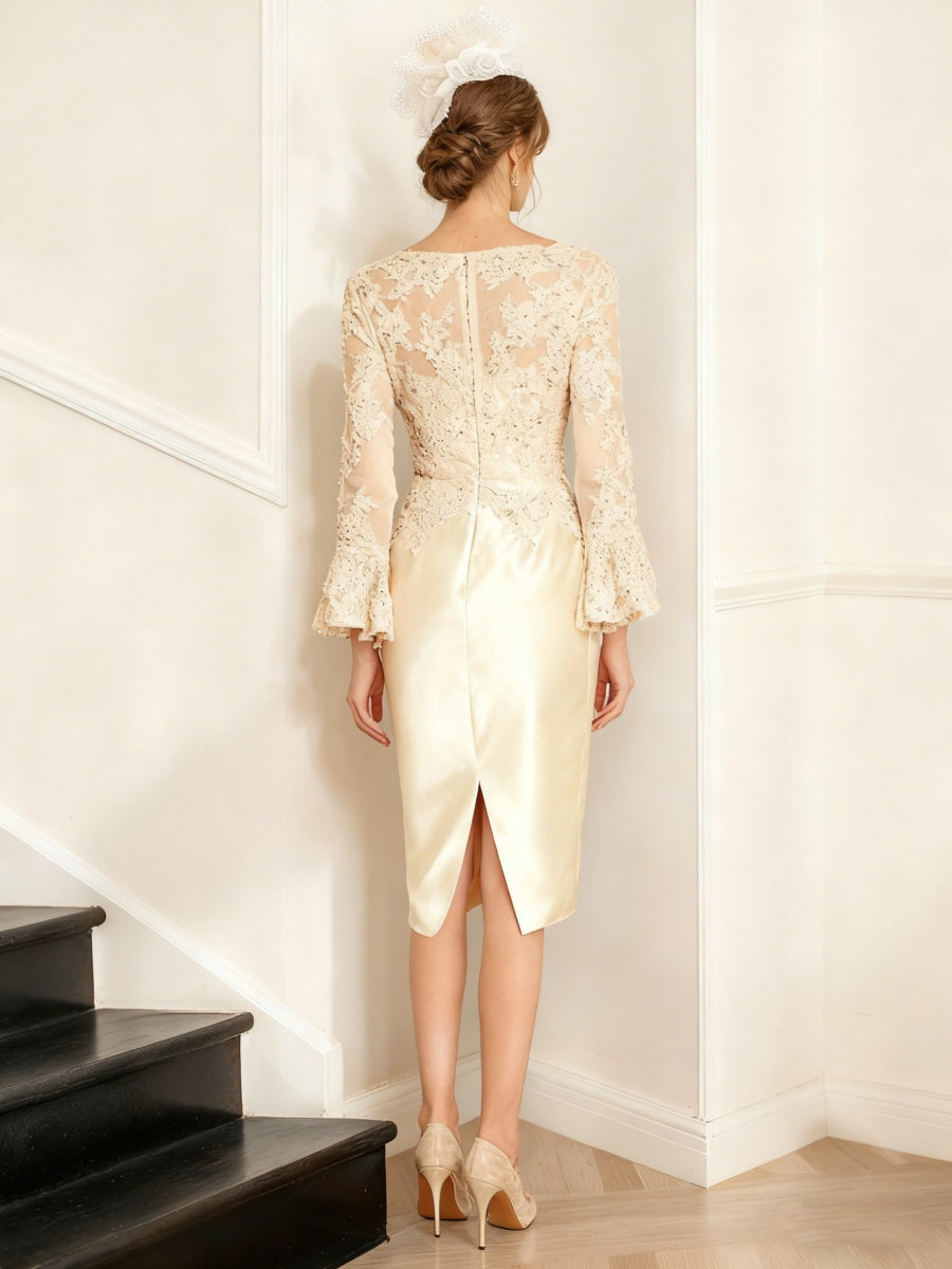 Sheath/Column Satin Scoop Mother of the Bride Dresses Lace Long Sleeves Knee-Length Cocktail Dresses