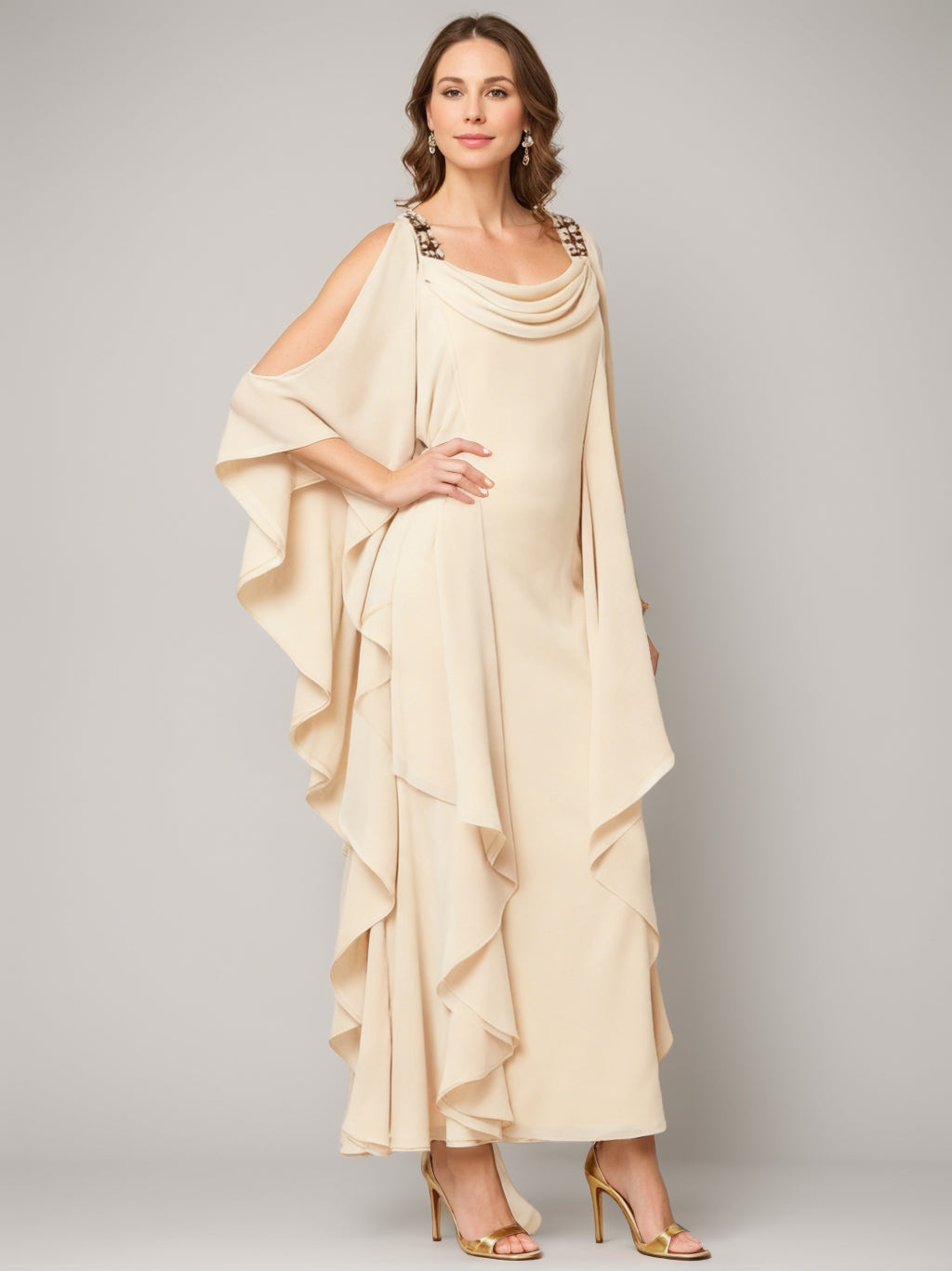 Sheath/Column Cowl Neck Chiffon Mother of the Bride Dresses Cape Sleeves Ankle-Length Beading Ruffles