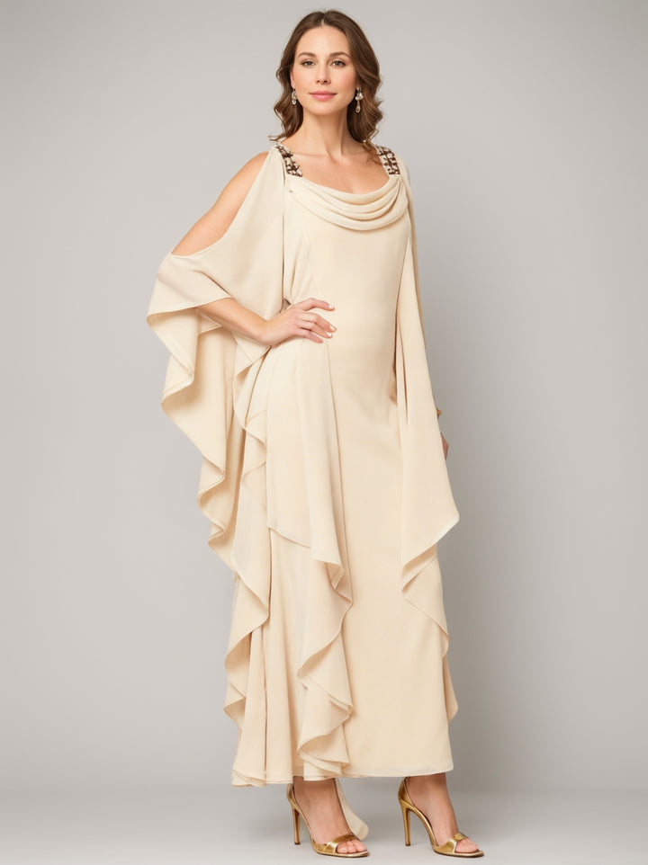 Sheath/Column Cowl Neck Chiffon Mother of the Bride Dresses Cape Sleeves Ankle-Length Beading Ruffles