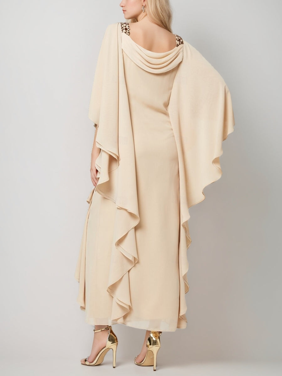 Sheath/Column Cowl Neck Chiffon Mother of the Bride Dresses Cape Sleeves Ankle-Length Beading Ruffles