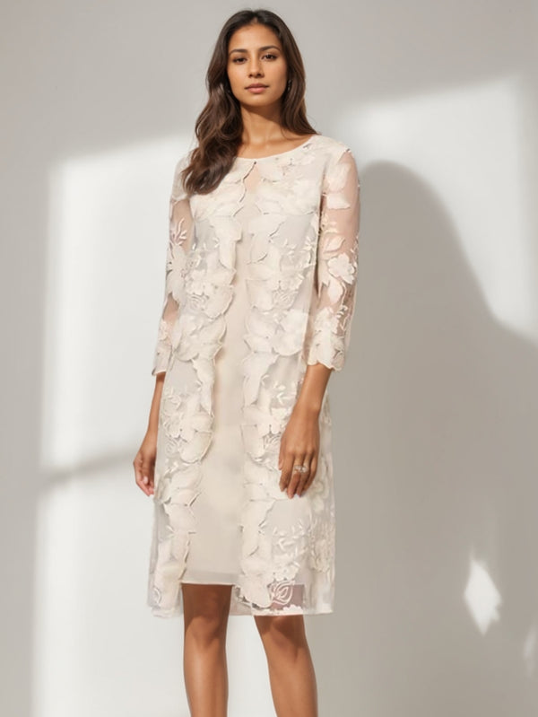 Sheath/Column Scoop Mother of the Bride Dresses Chiffon Knee-Length Lace 3/4 Sleeves Mock Jacket Cocktail Dress