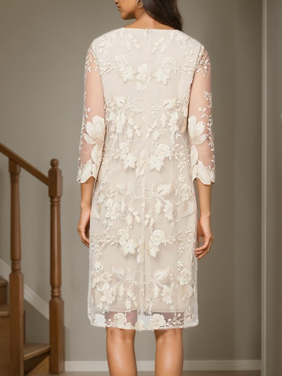 Ivory Mother of the Bride Dress 2026 Knee Length Floral Applique Sheer 3/4 Sleeves Elegant Shift Formal Wedding Guest Outfit for Women, As Pic Ivory Mother of the Bride Dress 2026 Knee Length Floral Applique Sheer 3/4 Sleeves Elegant Shift Formal Wedding Guest Outfit for Women, As Pic