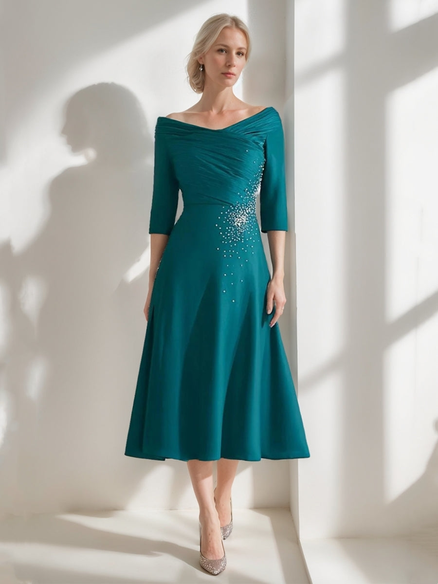 A-Line/Princess Off-the-Shoulder Satin Mother of the Bride Dresses Beading Ruched 3/4 Sleeves Tea-Length Cocktail Dress