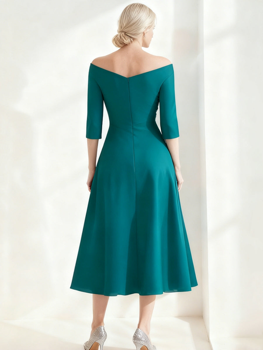 A-Line/Princess Off-the-Shoulder Satin Mother of the Bride Dresses Beading Ruched 3/4 Sleeves Tea-Length Cocktail Dress