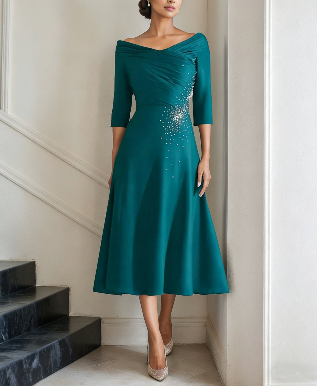 A-Line/Princess Off-the-Shoulder Satin Mother of the Bride Dresses Beading Ruched 3/4 Sleeves Tea-Length Cocktail Dress