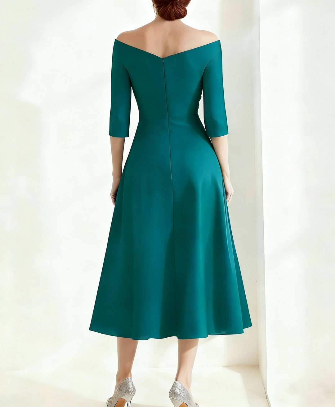 A-Line/Princess Off-the-Shoulder Satin Mother of the Bride Dresses Beading Ruched 3/4 Sleeves Tea-Length Cocktail Dress