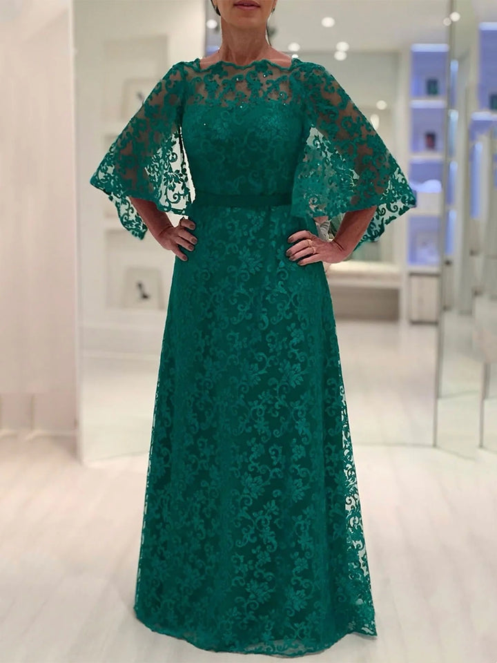 A-Line/Princess Lace Bateau Mother of the Bride Dresses Long Sleeves Floor-Length Backless