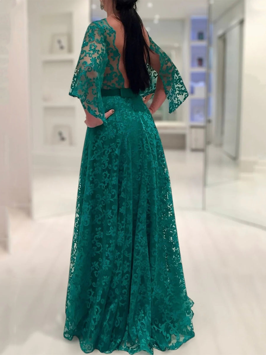 A-Line/Princess Lace Bateau Mother of the Bride Dresses Long Sleeves Floor-Length Backless