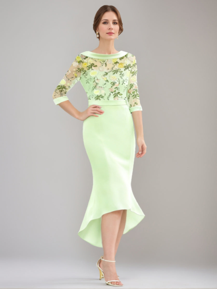 Trumpet/Mermaid Scoop Stretch Satin Mother of the Bride Dresses Floral Lace Half Sleeves Tea-Length Cocktail Dress