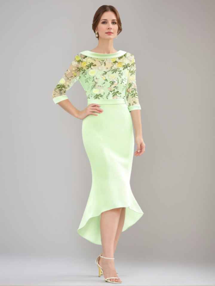 Trumpet/Mermaid Scoop Stretch Satin Mother of the Bride Dresses Floral Lace Half Sleeves Tea-Length Cocktail Dress