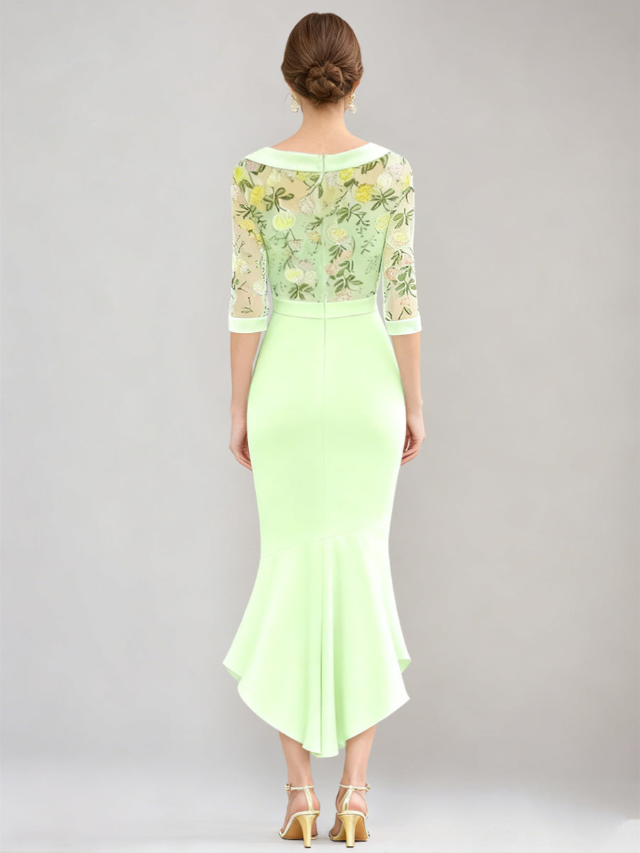 Trumpet/Mermaid Scoop Stretch Satin Mother of the Bride Dresses Floral Lace Half Sleeves Tea-Length Cocktail Dress