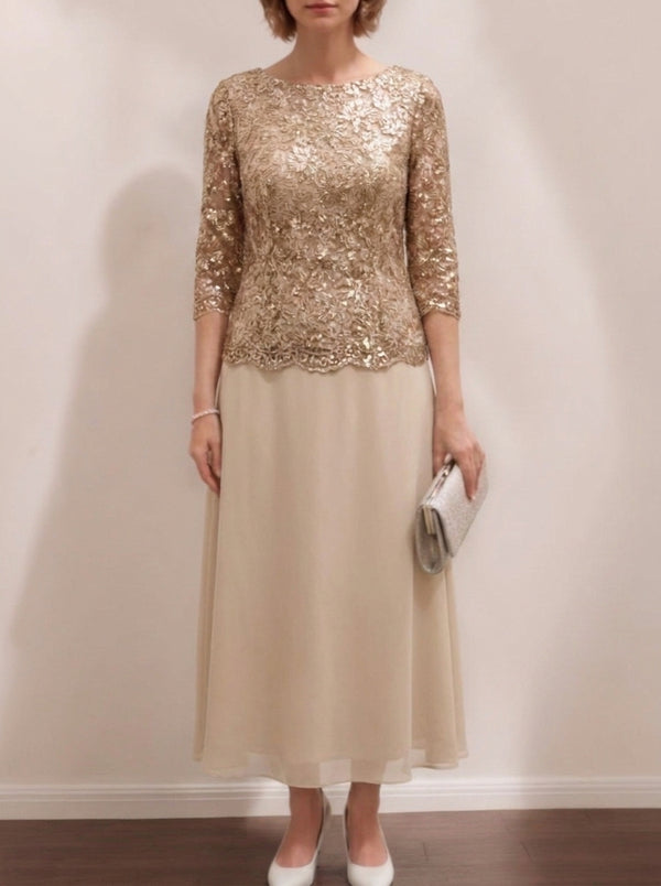 Sheath/Column Scoop Chiffon Mother of the Bride Dresses Ankle-Length Lace 3/4 Sleeves