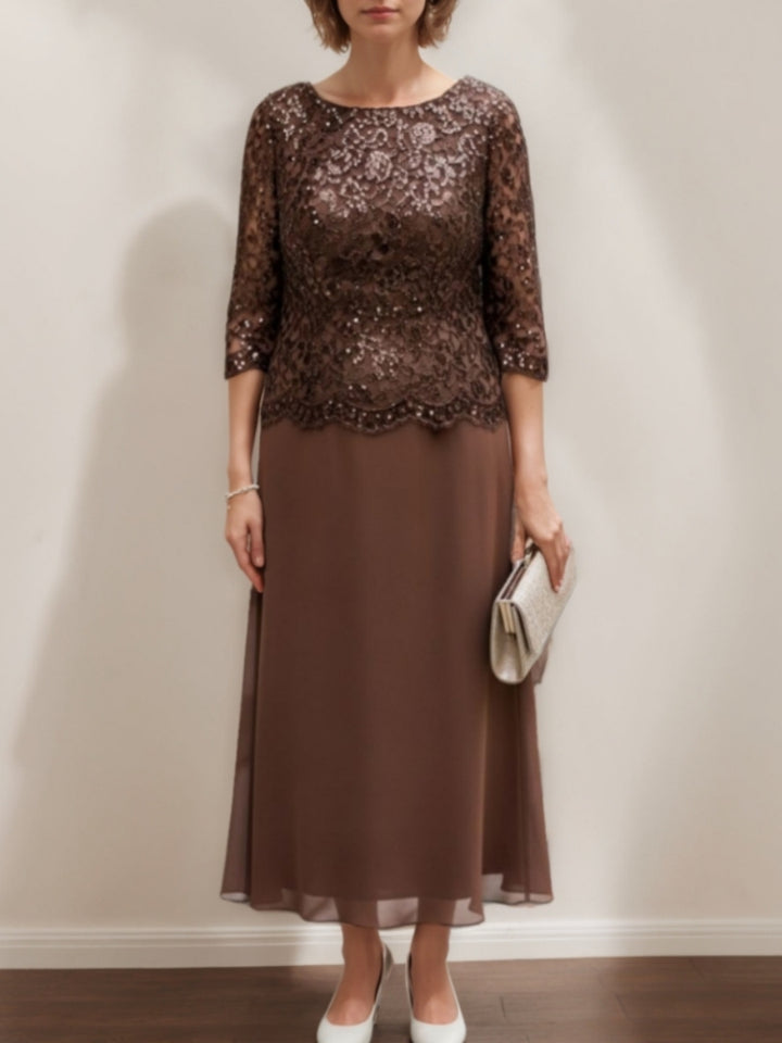 Sheath/Column Scoop Chiffon Mother of the Bride Dresses Ankle-Length Lace 3/4 Sleeves