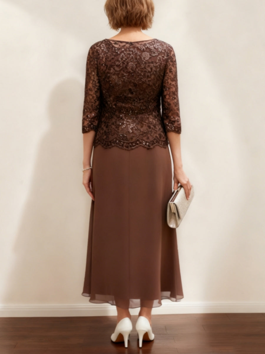 Sheath/Column Scoop Chiffon Mother of the Bride Dresses Ankle-Length Lace 3/4 Sleeves