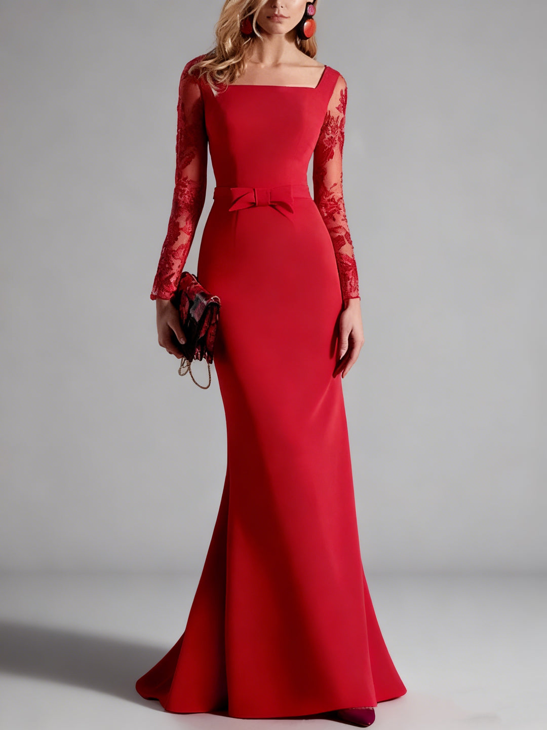 Sheath/Column Square Collar Mother of the Bride Dresses Stretch Satin Floor-Length Lace Long Sleeves