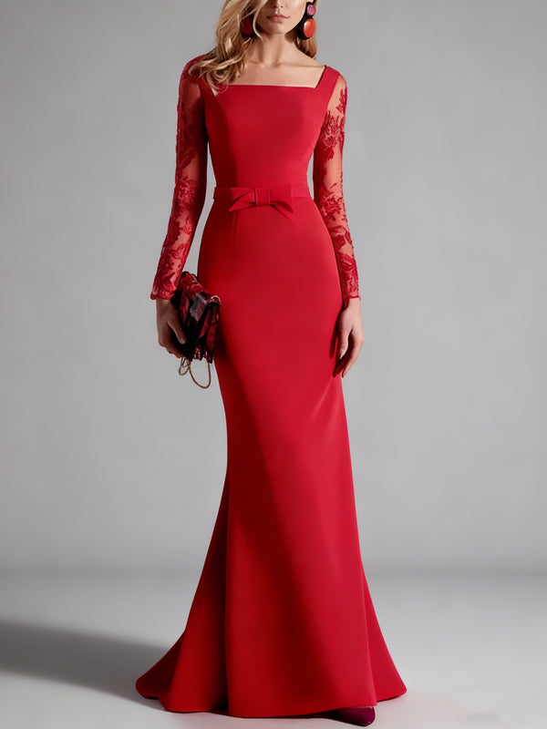 Sheath/Column Square Collar Mother of the Bride Dresses Stretch Satin Floor-Length Lace Long Sleeves