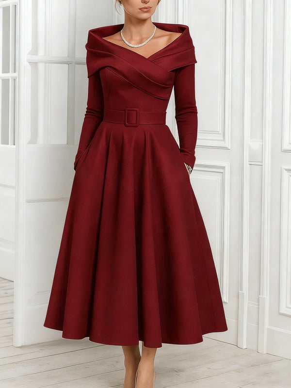 A-Line/Princess Off-the-Shoulder Mother of the Bride Dresses Satin Belt Ankle-Length Long Sleeves
