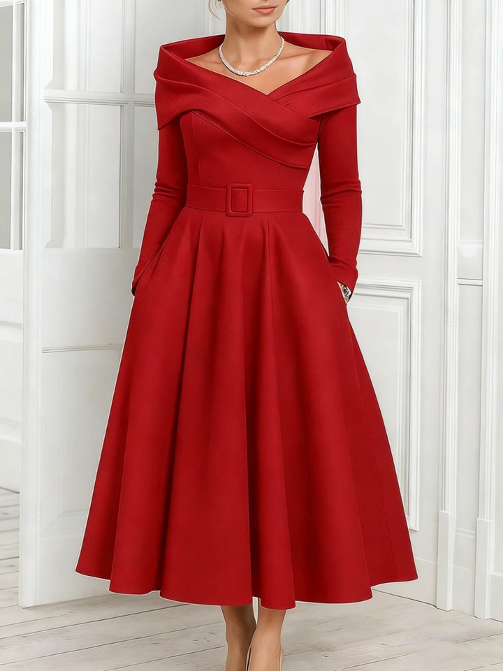 A-Line/Princess Off-the-Shoulder Mother of the Bride Dresses Stretch Satin Belt Ankle-Length Long Sleeves