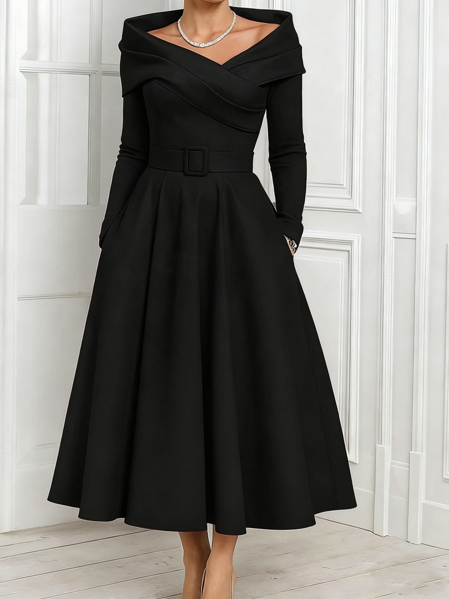 A-Line/Princess Off-the-Shoulder Mother of the Bride Dresses Stretch Satin Belt Ankle-Length Long Sleeves