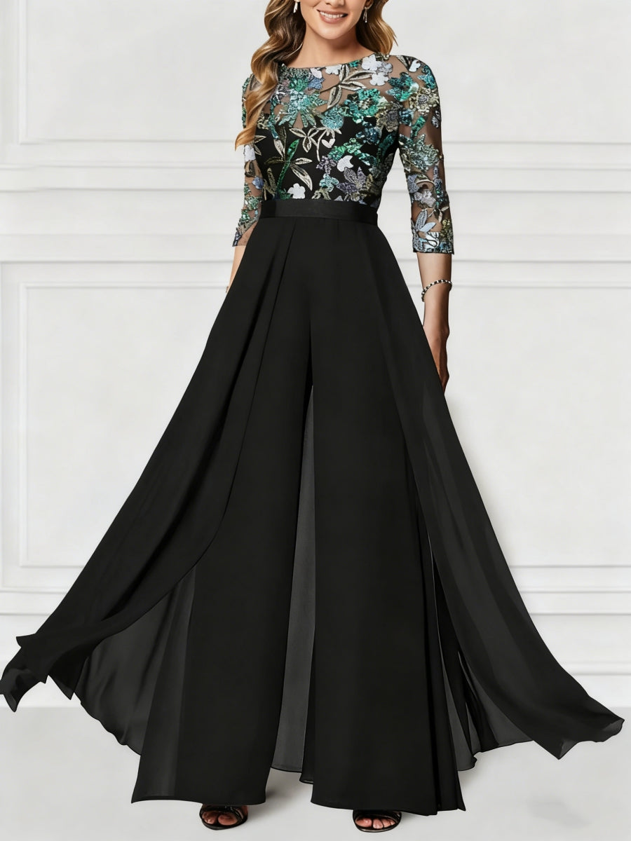 Jumpsuit Scoop Chiffon Mother of the Bride Pantsuits Floor-Length 3/4 Sleeves Floral Sequins