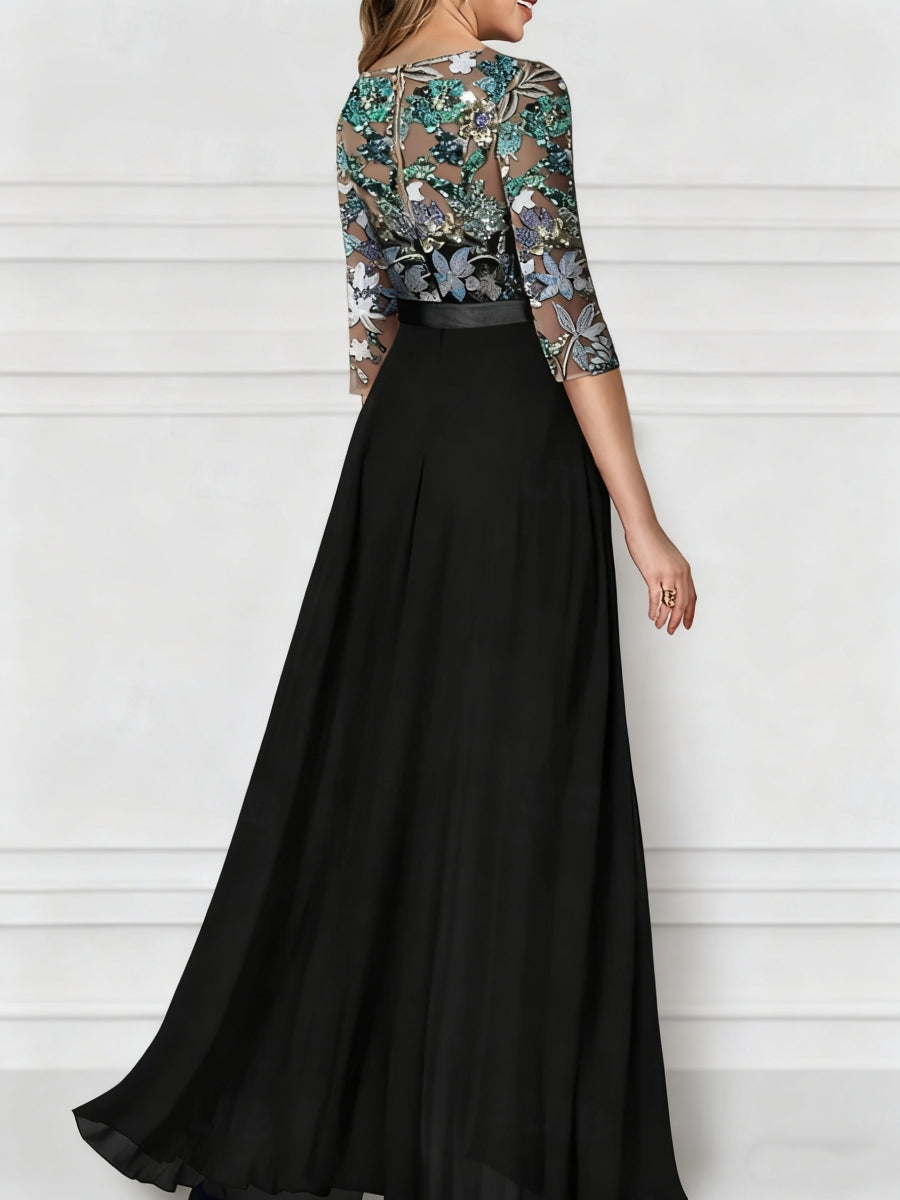 Jumpsuit Scoop Chiffon Mother of the Bride Pantsuits Floor-Length 3/4 Sleeves Floral Sequins