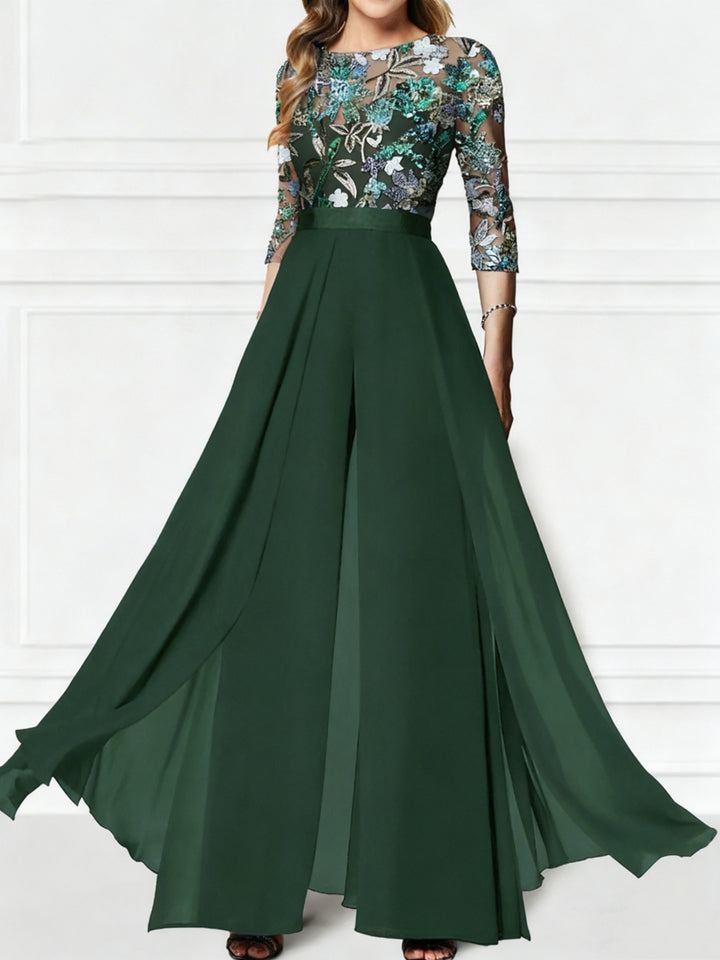 Jumpsuit Scoop Chiffon Mother of the Bride Pantsuits Floor-Length 3/4 Sleeves Floral Sequins