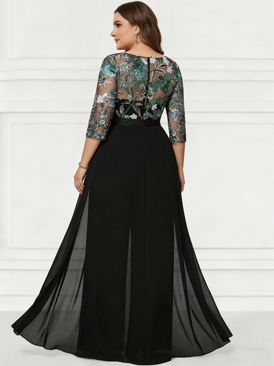 Jumpsuit Scoop Chiffon Plus Size Mother of the Bride Pantsuits Floor-Length 3/4 Sleeves Floral Sequins