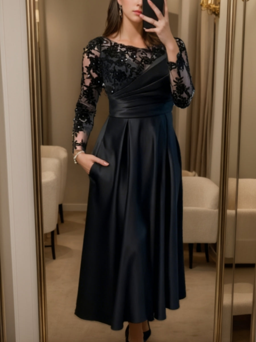 A-Line/Princess Satin Scoop Mother of the Bride Dresses Lace Ruched Long Sleeves Ankle-Length