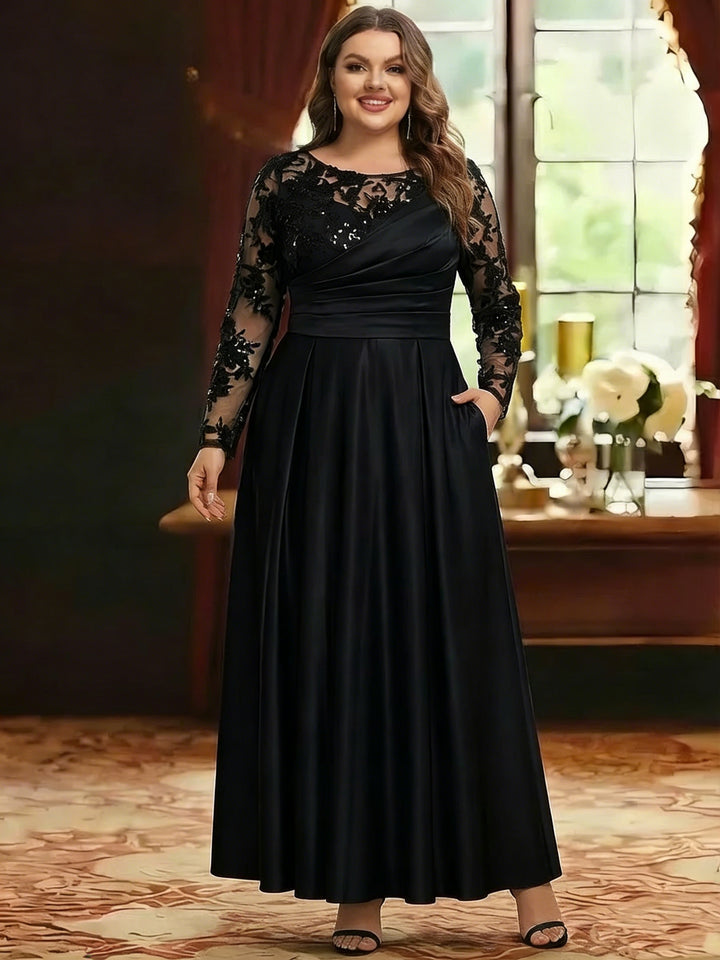 A-Line/Princess Satin Scoop Plus Size Mother of the Bride Dresses Lace Ruched Long Sleeves Ankle-Length