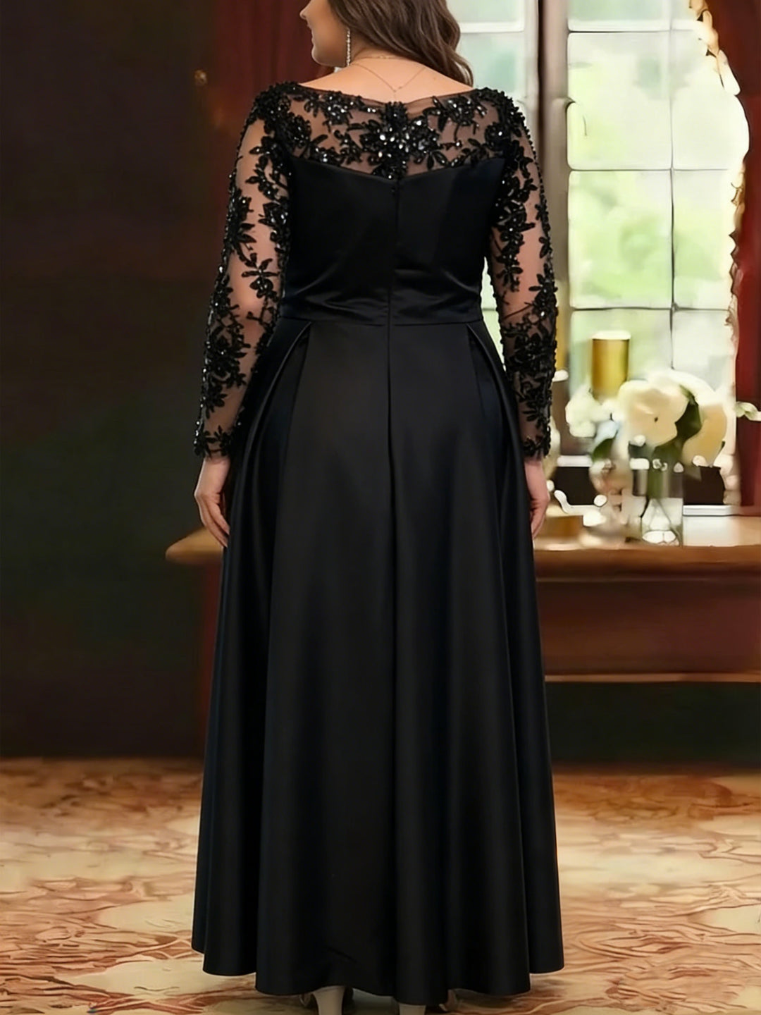 A-Line/Princess Satin Scoop Plus Size Mother of the Bride Dresses Lace Ruched Long Sleeves Ankle-Length