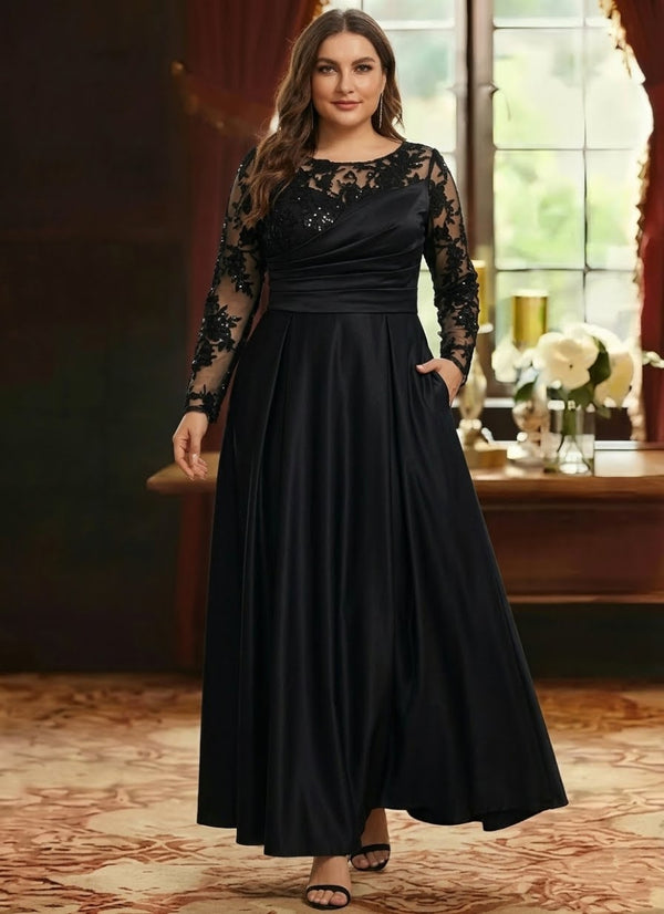 A-Line/Princess Satin Scoop Plus Size Mother of the Bride Dresses Lace Ruched Long Sleeves Ankle-Length
