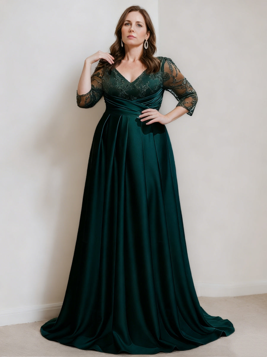 A-Line/Princess Satin V-Neck Mother of the Bride Dresses Lace Ruched 3/4 Sleeves Floor-Length Formal Dress