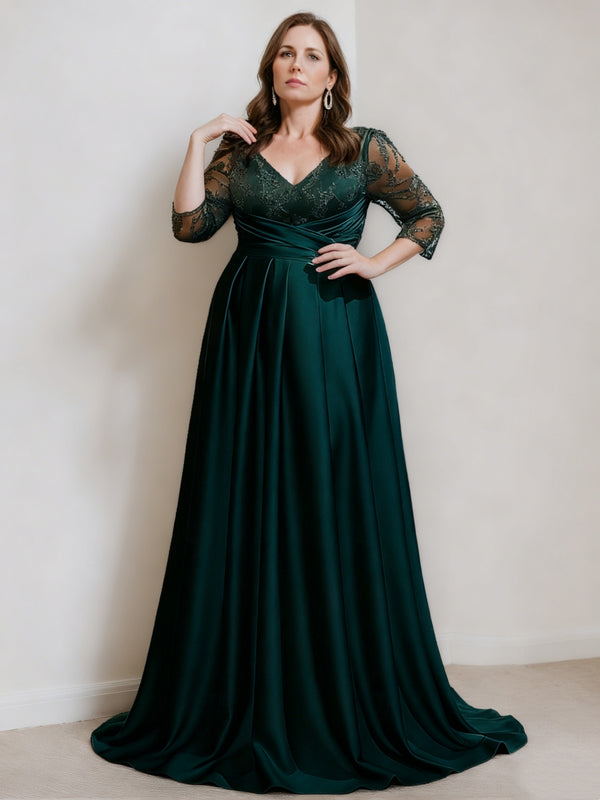 A-Line/Princess Satin V-Neck Mother of the Bride Dresses Lace Ruched 3/4 Sleeves Floor-Length Formal Dress