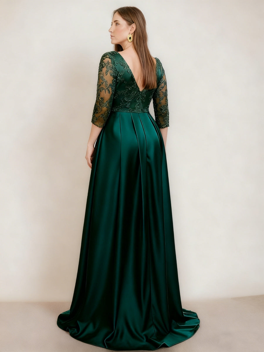 A-Line/Princess Satin V-Neck Mother of the Bride Dresses Lace Ruched 3/4 Sleeves Floor-Length Formal Dress