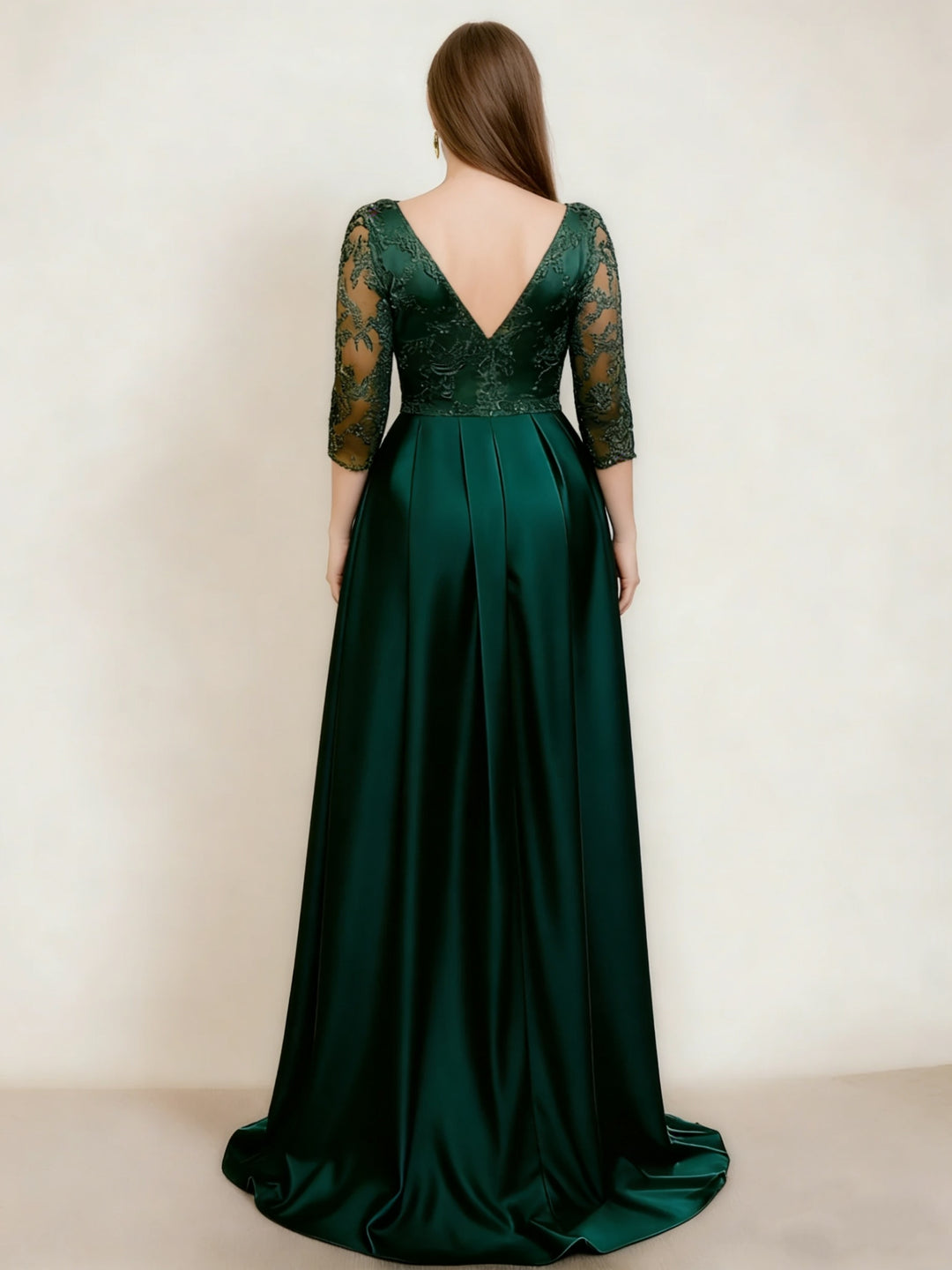 A-Line/Princess Satin V-Neck Mother of the Bride Dresses Lace Ruched 3/4 Sleeves Floor-Length Formal Dress