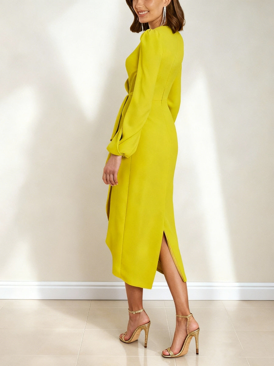 Sheath/Column V-Neck Mother of the Bride Dresses Stretch Satin Tea-Length Long Sleeves Ruffles Ruched Cocktail Dress