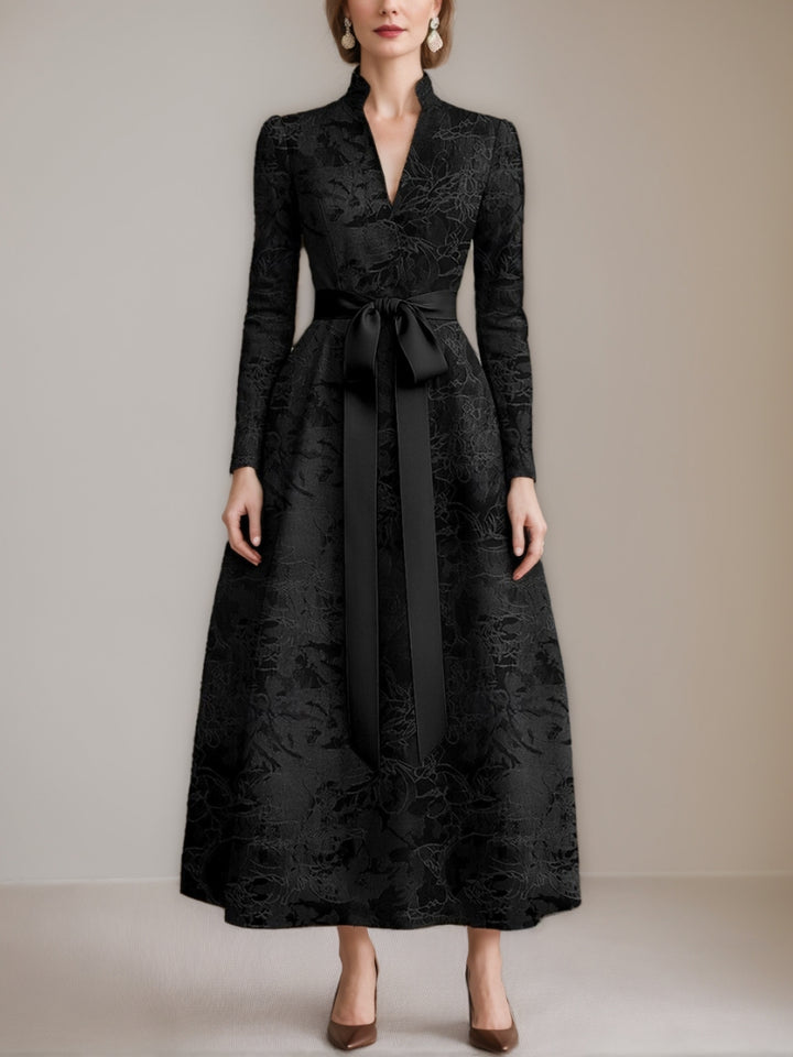 A-Line/Princess V-Neck Satin Mother of the Bride Dresses Long Sleeves Ankle-Length with Bow