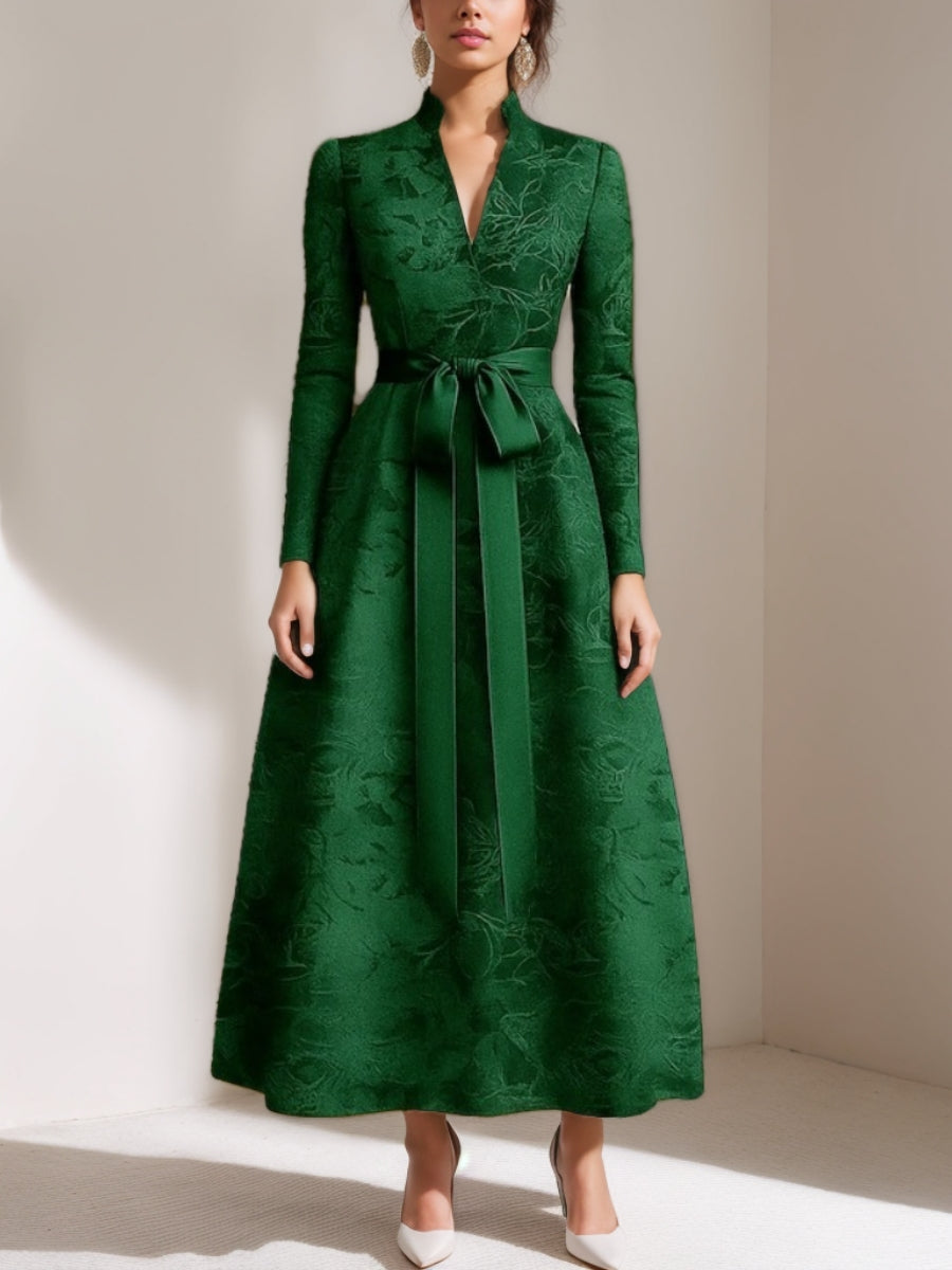 A-Line/Princess V-Neck Satin Mother of the Bride Dresses Long Sleeves Ankle-Length with Bow