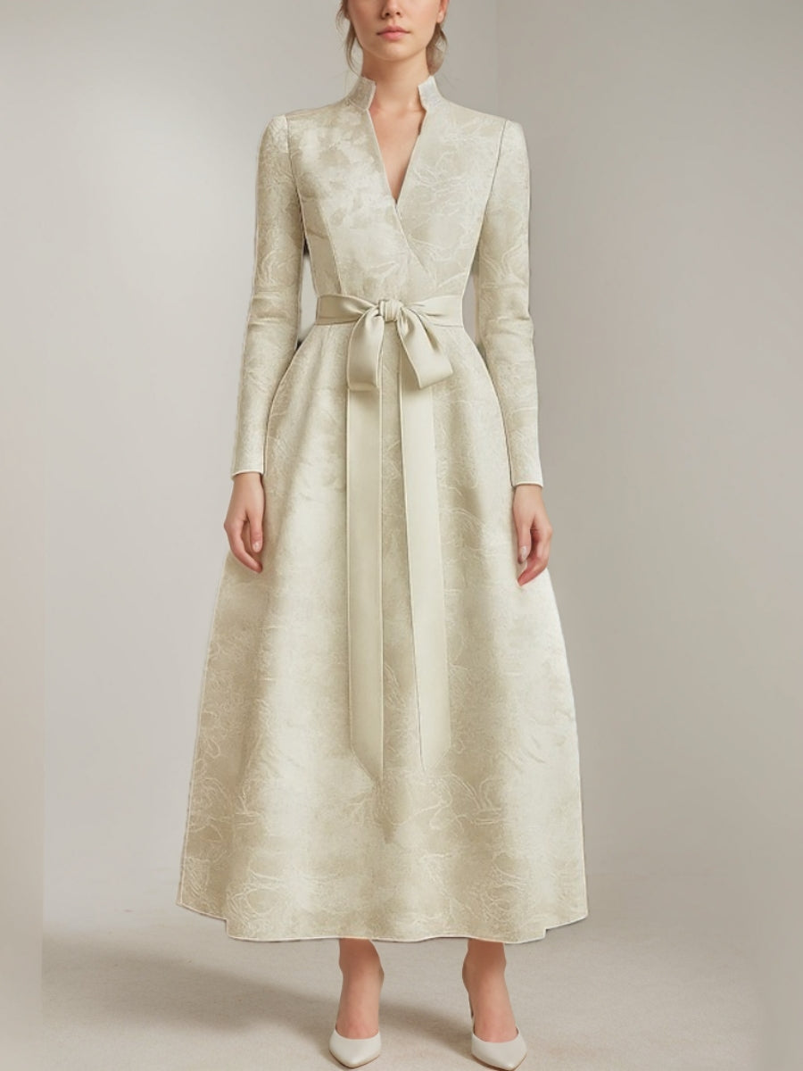 A-Line/Princess V-Neck Satin Mother of the Bride Dresses Long Sleeves Ankle-Length with Bow