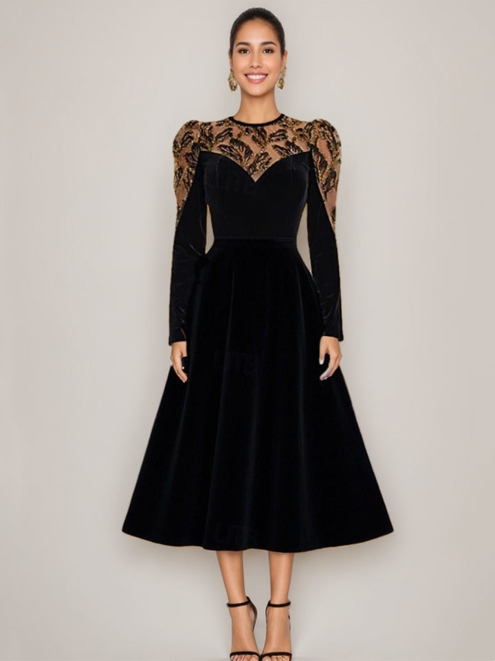 A-Line/Princess Scoop Velvet Mother of the Bride Dresses Long Sleeves Tea-Length Lace