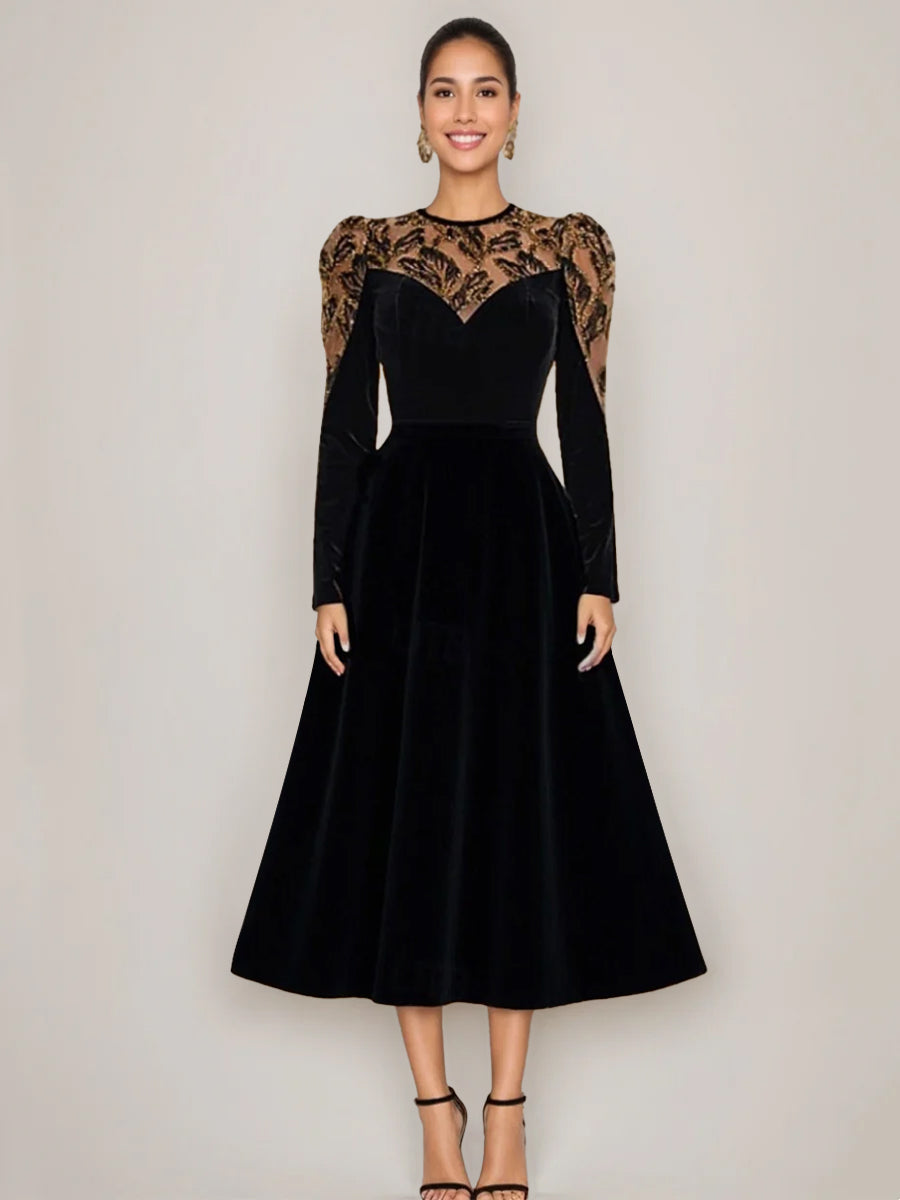 2026 Black Velvet Mother of the Bride Dress Elegant Midi A-Line Gown with Gold Sequin Sheer Shoulders Long Sleeves Formal Wedding Guest Dress, Black