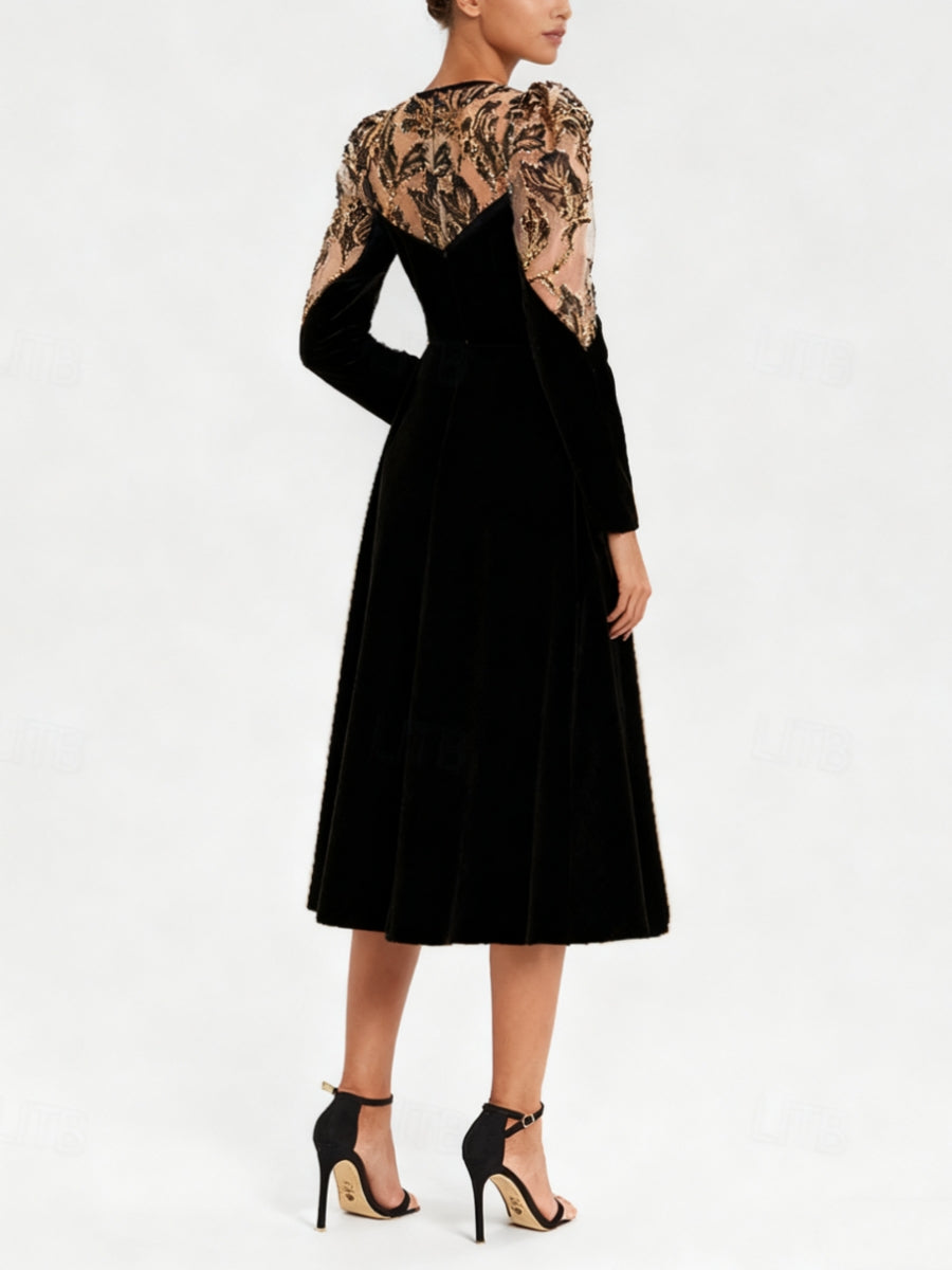A-Line/Princess Scoop Velvet Mother of the Bride Dresses Long Sleeves Tea-Length Lace