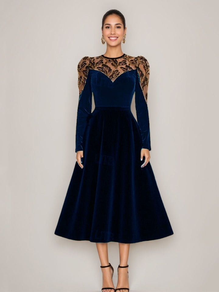 A-Line/Princess Scoop Velvet Mother of the Bride Dresses Long Sleeves Tea-Length Lace