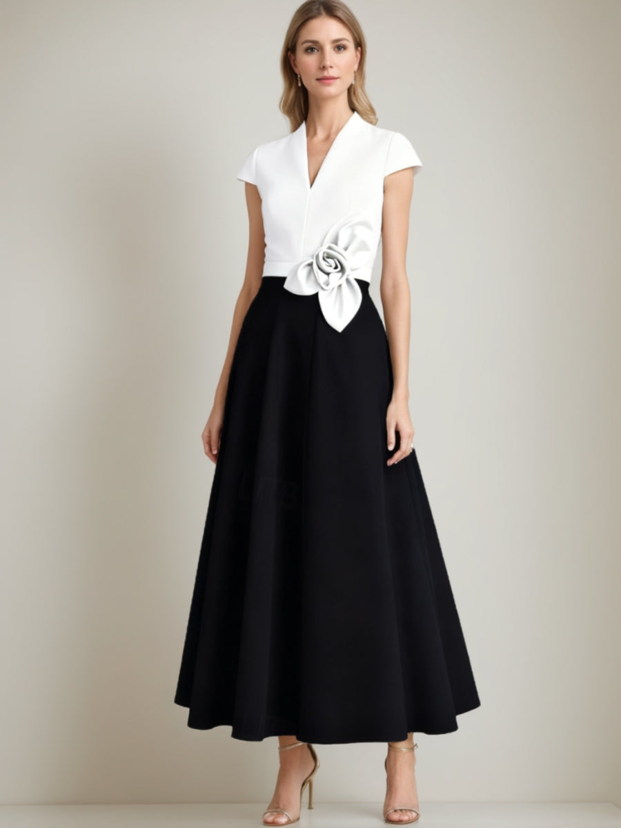 A-Line/Princess V-Neck Satin Mother of the Bride Dresses Short Sleeves Ankle-Length 3D Flower