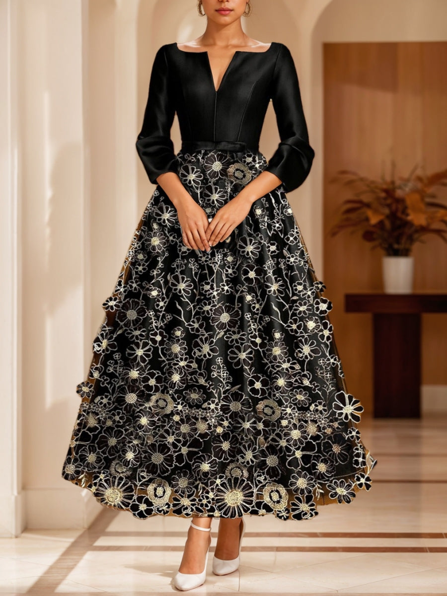 A-Line/Princess V-Neck Satin Mother of the Bride Dresses 3/4 Length Sleeves Ankle-Length Floral Lace