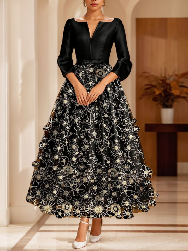 A-Line/Princess V-Neck Satin Mother of the Bride Dresses 3/4 Length Sleeves Ankle-Length Floral Lace