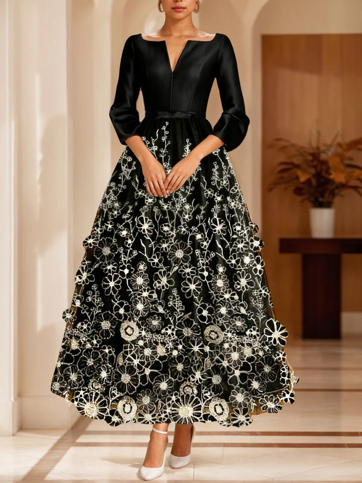 A-Line/Princess V-Neck Satin Mother of the Bride Dresses 3/4 Length Sleeves Ankle-Length Floral Lace