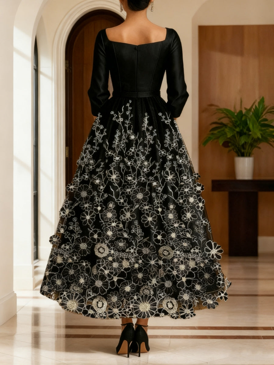 A-Line/Princess V-Neck Satin Mother of the Bride Dresses 3/4 Length Sleeves Ankle-Length Floral Lace