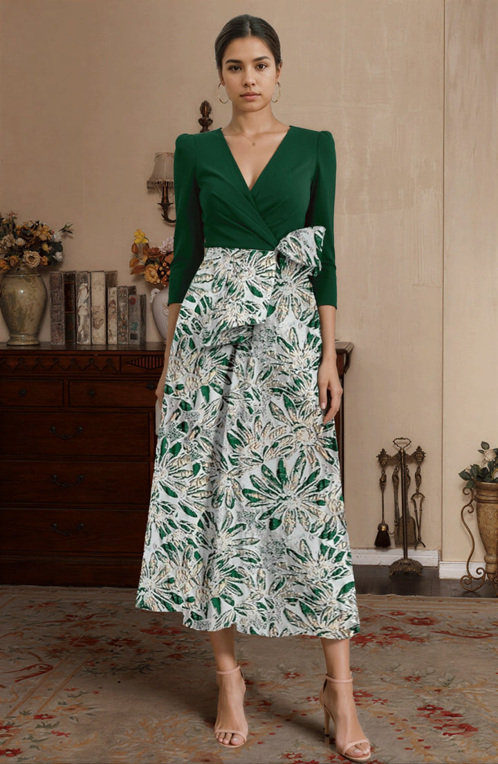 A-Line/Princess V-Neck Satin Mother of the Bride Dresses 3/4 Sleeves Tea-Length Floral with Bow Pleats